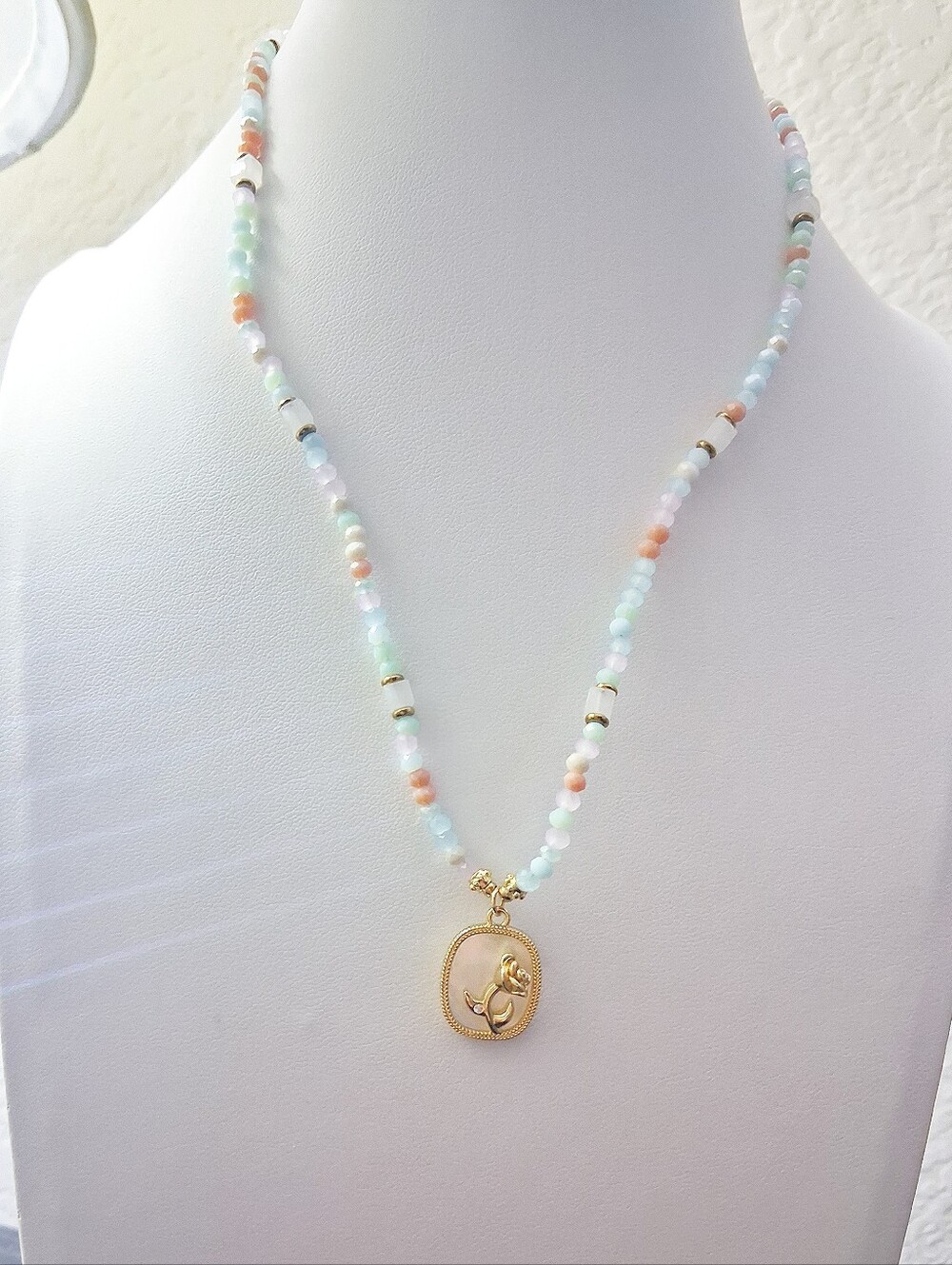 Gold Rose & Mother Of Pearl Pendant Necklace with Pastel Natural Stones Beads